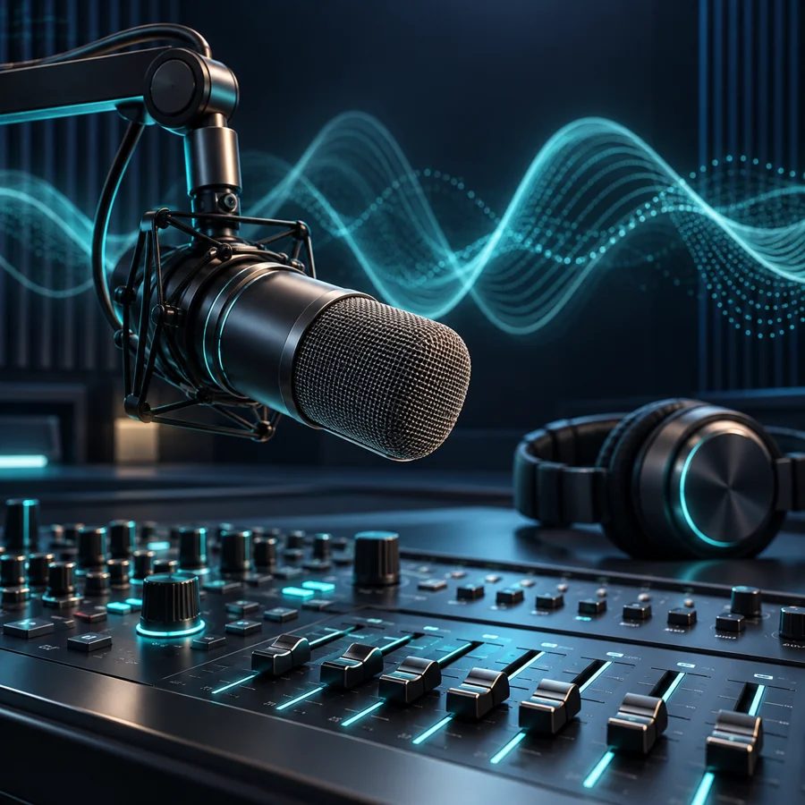 Radio microphone and sound waves illustrating AI-powered radio production